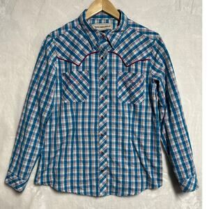 Bit & Bridle Snap Blue Plaid Western Shirt M Womens Pink Trim